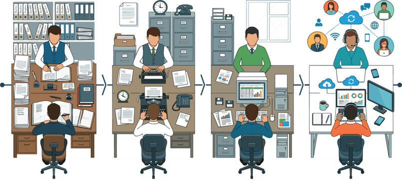 Evolution of Office Workspace and Work Environment Vector Illustration from Paper Ledgers to Typewriters Computers and Modern Remote Cloud Computing Networks