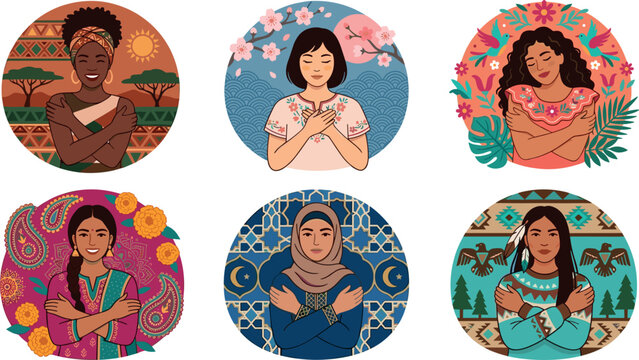 Flat Vector Diverse Women Round Icon Set with Multicultural Female Characters Embracing Themselves, Celebrating Intercultural Diversity, and Practicing Self Care