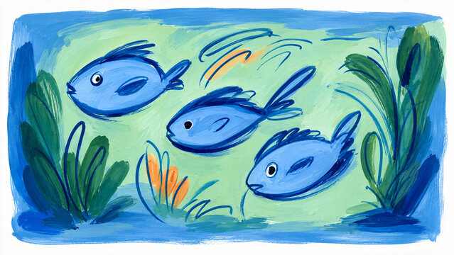 Playful Blue Fish Naive Painting Underwater Scene
