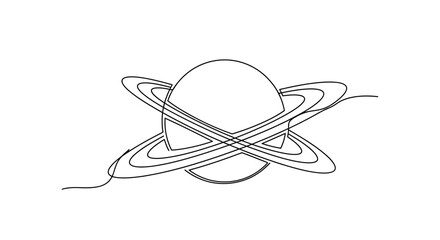 Minimalist Saturn planet one-line drawing, cosmic celestial body with rings, isolated on white background. © Kaleng