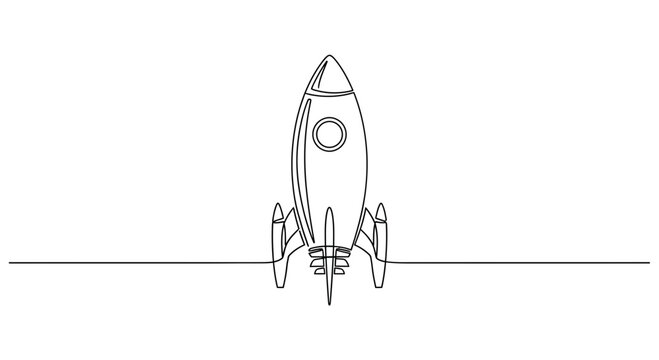Minimalist single line drawing of a retro rocket ship taking off on a white background.
