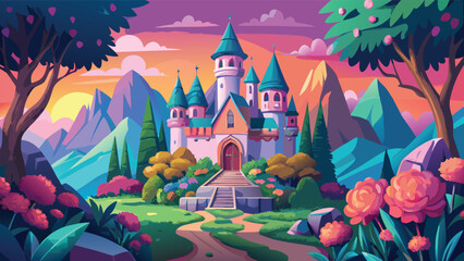 Fototapeta premium Fairytale castle in vibrant landscape during golden hour with blooming flowers and mountains vector illustration whimsical fantasy