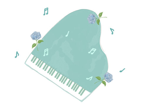 アジサイと音符とピアノの華やかなイラスト