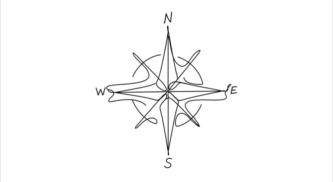 Hand-drawn compass rose with directional points on white background