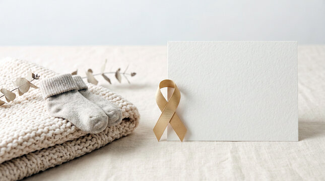 Soft baby socks and gold ribbon on knitted blanket with blank card for message