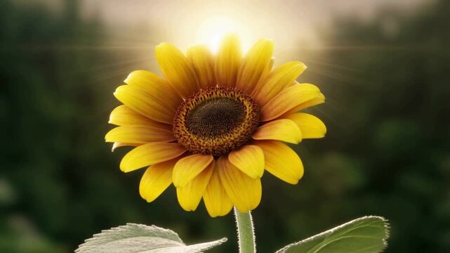 A single sunflower stands tall in the center of the frame, emitting a bright yellow color that contrasts against the blurry background of dark green leaves.