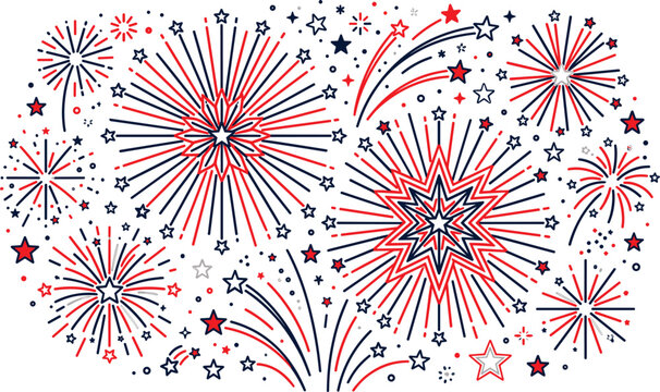Patriotic fireworks and stars line art vector background. Fourth of july, independence day, holiday celebration, festival explosion, sparks, carnival firework and national event elements.