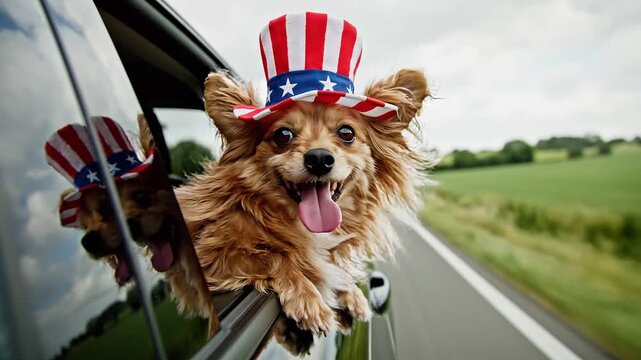 Patriotic Dog Wearing Uncle Sam Hat Enjoying Coastal Road Trip and sunglasses summer vacation animal lover design Independence da 4th of july patriotic ho