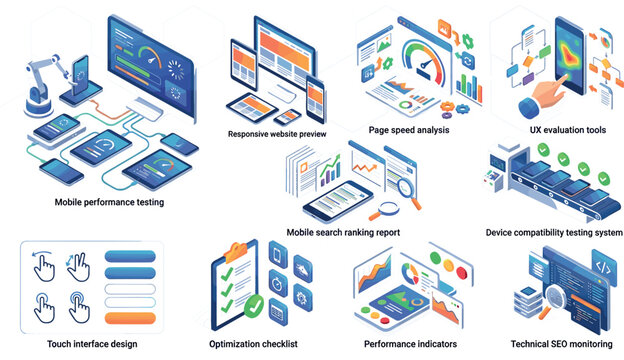 Isometric Website Optimization and SEO Development Vector Icon Set with Mobile Performance Testing, Page Speed Analytics, Responsive Layout Previews, and Reports