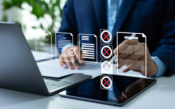 Businessman managing document approval and rejection workflow, compliance review, decision making, and business process management.