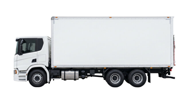 Side view of a white delivery truck isolated on transparent background