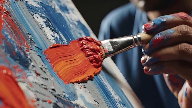 Meticulous Artist Hand Applying Vibrant Impasto Paint to Canvas Close Up