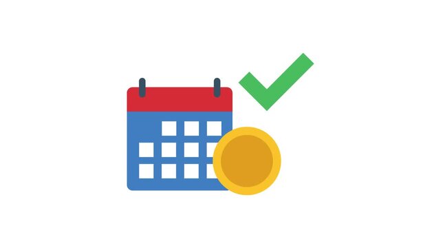 Illustration of a calendar icon with a green checkmark and a golden coin, symbolizing financial planning, confirmed payments, successful scheduling, or timely events.