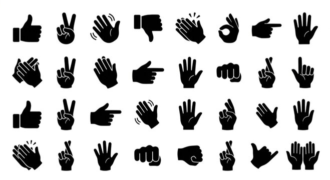 Hand gesture icons, hand signs, thumbs up down, gesture symbols, black vector set