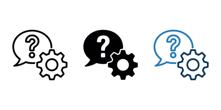 Black and blue of speech bubbles with question marks and gearwheels  in white background