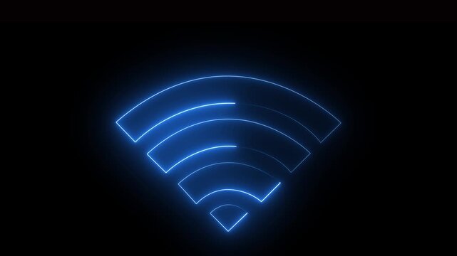 Neon glowing blue color wifi icon animation on black background.4k video.