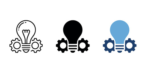 Light bulb with gears in three styles black blue line solid fill  in white background © Creative Tania