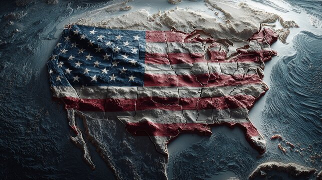 The interplay of flags and territories in the cold north. Visionary fashion. A vibrant depiction of ice and expansion: us flags over greenland. Creative concept. Fantastical figures.