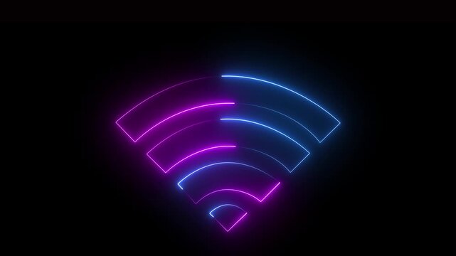 Neon glowing blue and pink color wifi icon animation on black background.4k video.