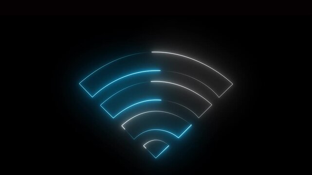 Neon glowing navy blue and white color wifi icon animation on black background.4k video.