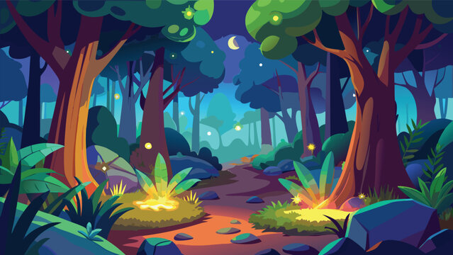 Magical forest path with glowing flora during twilight under a crescent moon
