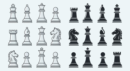 Chess Pieces Set, Strategy Game Icons, Black and White © sri