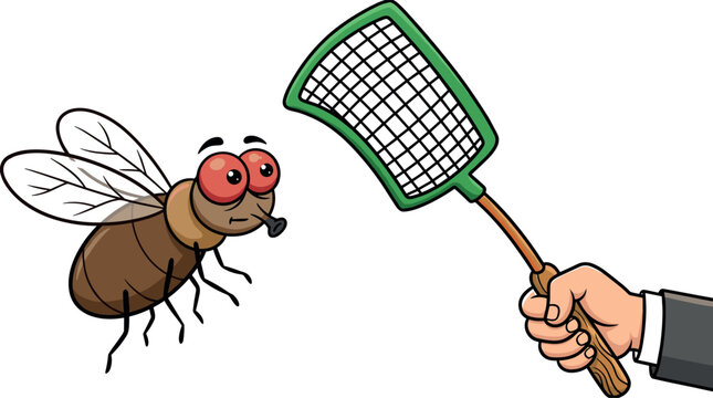 Cartoon vector illustration of a hand holding a green flyswatter attempting to swat an annoyed cute house fly insect character.