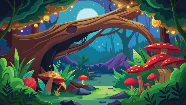 Magical forest path with whimsical mushrooms and glowing lights under a full moon