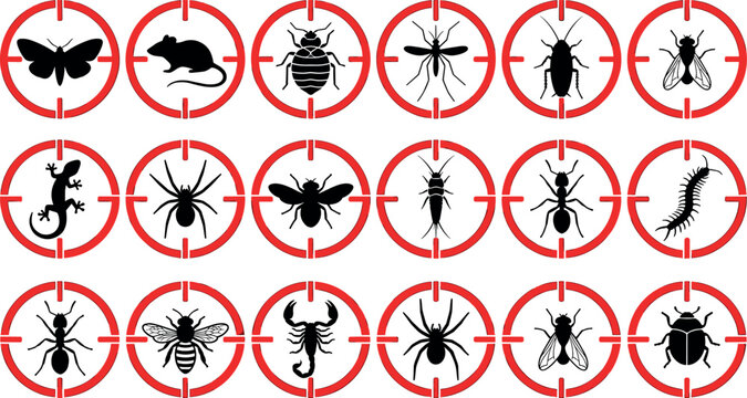 Collection of red prohibition warning stop signs vector illustrations featuring black silhouettes of bugs harmful insects and rodent pests.