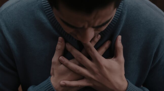Man clutches chest in pain, head down, showing physical, emotional strain. Feeling unwell, experiencing discomfort, possible illness, panic attack, anxiety. Seeking medical help support. Mental