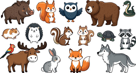 Obraz premium Large collection of cute cartoon forest animals vector illustrations featuring woodland wildlife creatures like bear fox wolf moose and owl.
