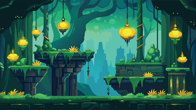 Pixel art enchanted forest platformer level with glowing lanterns and ancient ruins