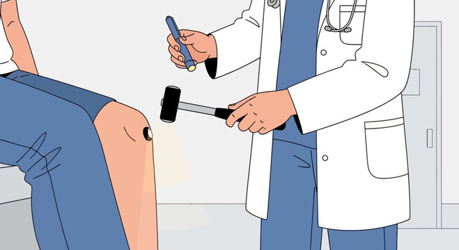 Doctor performs knee reflex test with reflex hammer and penlight in examination room