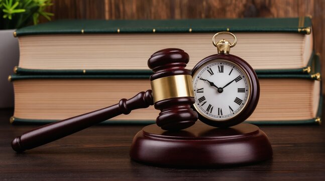 Wooden gavel rests beside pocket watch and law books. Symbolizes legal proceedings judgement and timely decisions in court. Represents justice and legal authority.