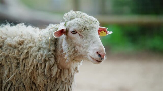 White sheep standing on a dirt ground near a rustic wooden cart, soft natural light, rural farm setting, calm atmosphere, shallow focus background