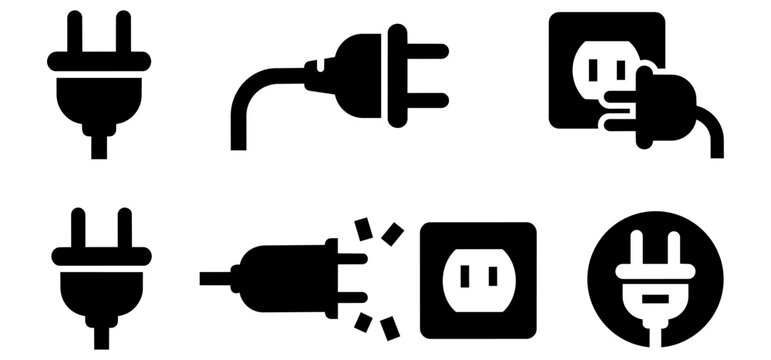 Electric plug, power socket, and wall outlet connection icon set
