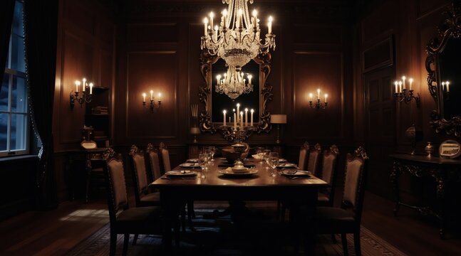 Elegant dining room with ornate furniture, chandelier. Table set for formal meal with candlelight creating dramatic shadow, romantic ambience. Luxurious interior design evokes historic grandness,