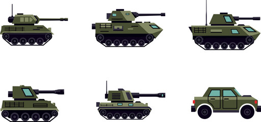 Military tank and armored vehicle collection with camouflage combat machines for defense transport design projects © MDNUR