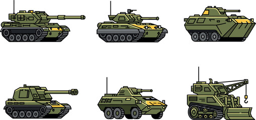 Military Tank Icon Set With Armored Vehicles Artillery Combat Transport And Army Machinery Vector Illustration © MDNUR