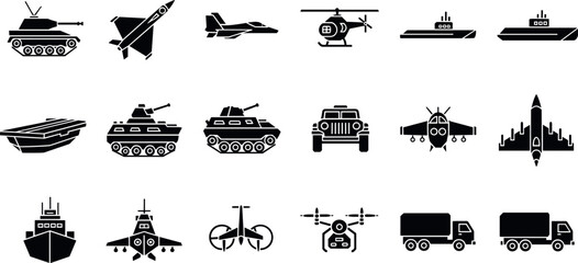Obraz premium Military transport icon set with tank fighter jet helicopter war vehicle silhouettes in bold black minimal style for design use