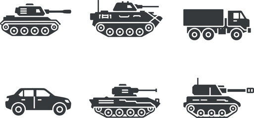 Military Vehicle Silhouette Icon Set With Tanks Armored Truck Car And Combat Transport Vector Illustration © MDNUR