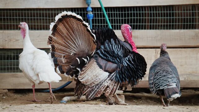 Group of turkeys in an enclosure, one male displaying fully spread feathers with detailed plumage