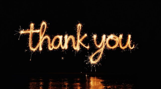 Text made with sparkler firework spells out thank you. Bright glowing orange letters against black background. Holiday celebration at night.