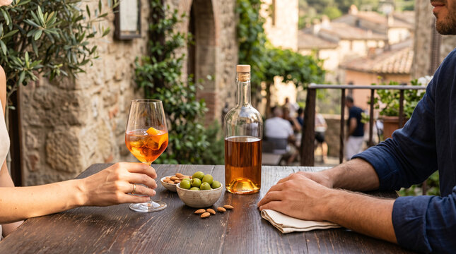 Table de terrasse avec cocktail et bouteille