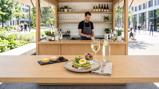 Plat gastronomique servi sur la terrasse d&rsquo;un kiosque de restauration moderne