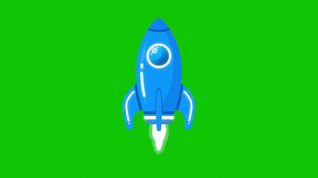 Animated Blue Cartoon Rocket Ship Launching Upwards on Green Screen Background