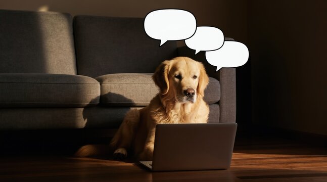 Golden retriever uses laptop near couch. Speech bubbles float above dog. Animal works from home, typing online. Communication concept photo, playful idea.