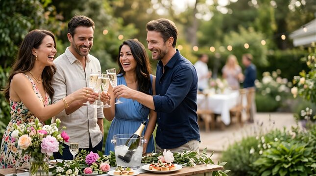 Happy friends toasting with champagne at a festive outdoor garden party