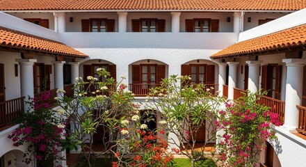 Fototapeta premium Tropical Courtyard Hotel with Blooming Flowers and Spanish Architecture