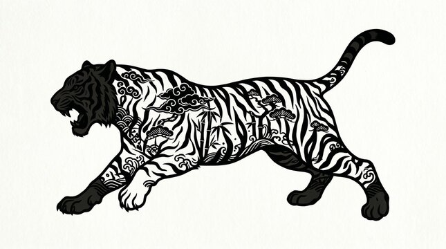 Decorative black and white tiger illustration with intricate floral patterns